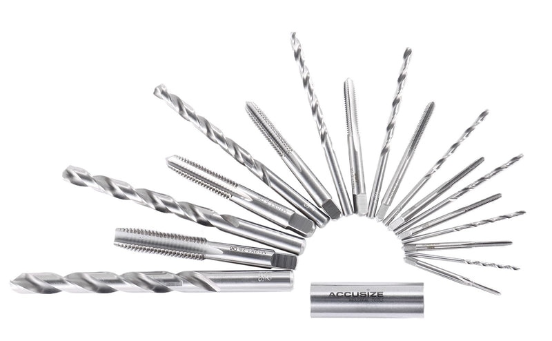 Accusize Industrial Tools HSS Tap and Drill Set, Metric, 18 Pc, 0001-0052 | 18 Pc HSS Tap and Drill Set, Metric, Taps: M2.5x0.45 to M12x1.75, Drills: 2.05 to 10.20 mm, Fully Ground