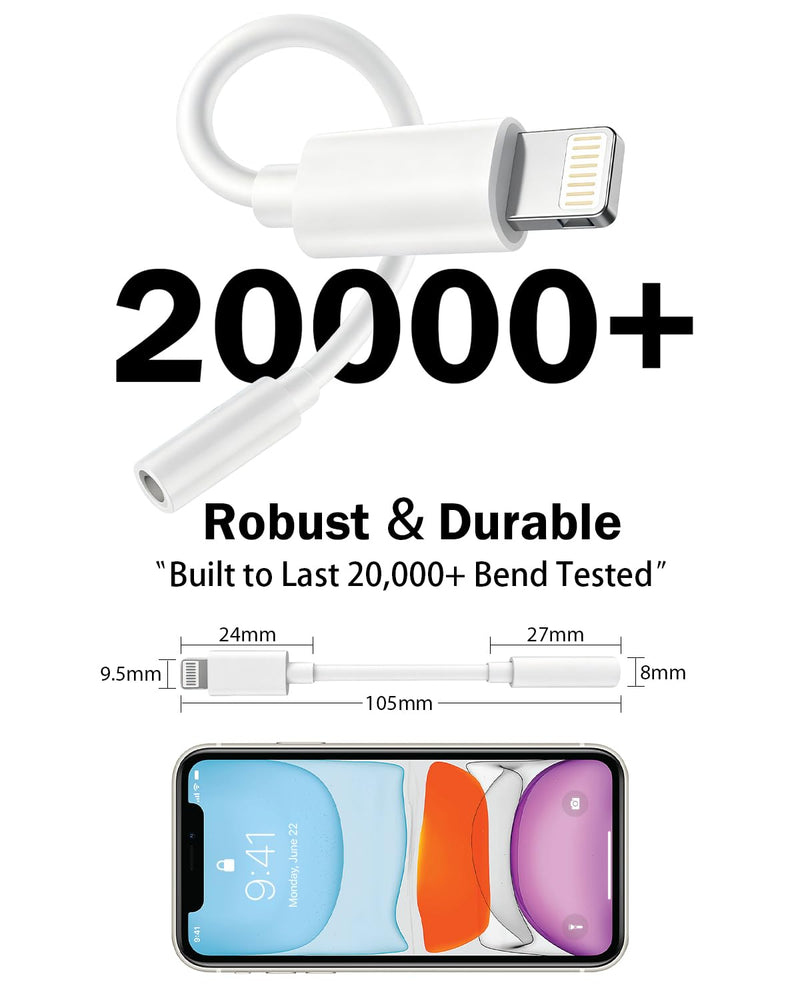 [Apple MFi Certified] Lightning to 3.5mm Headphone Jack Adapter for iPhone | Clear Audio for Music and Media; Compatible with iPhone 14/13/12/11/X/XS/8/7; Compact White 3-Pack, Plug and Play. 3 Pack