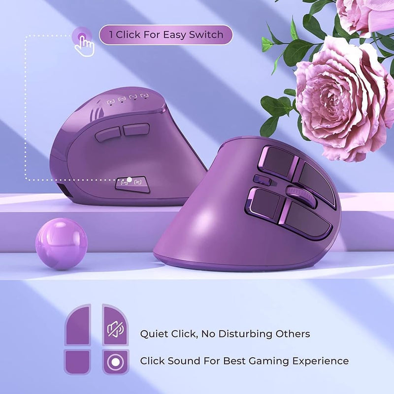 JOMAA Vertical Ergonomic Wireless Mouse, 2.4G and Bluetooth 5.0/3.0 Dual Mode, Silent, 3 Adjustable DPI Levels, Rechargeable, for Laptop/PC/Mac/iPad/Android Purple