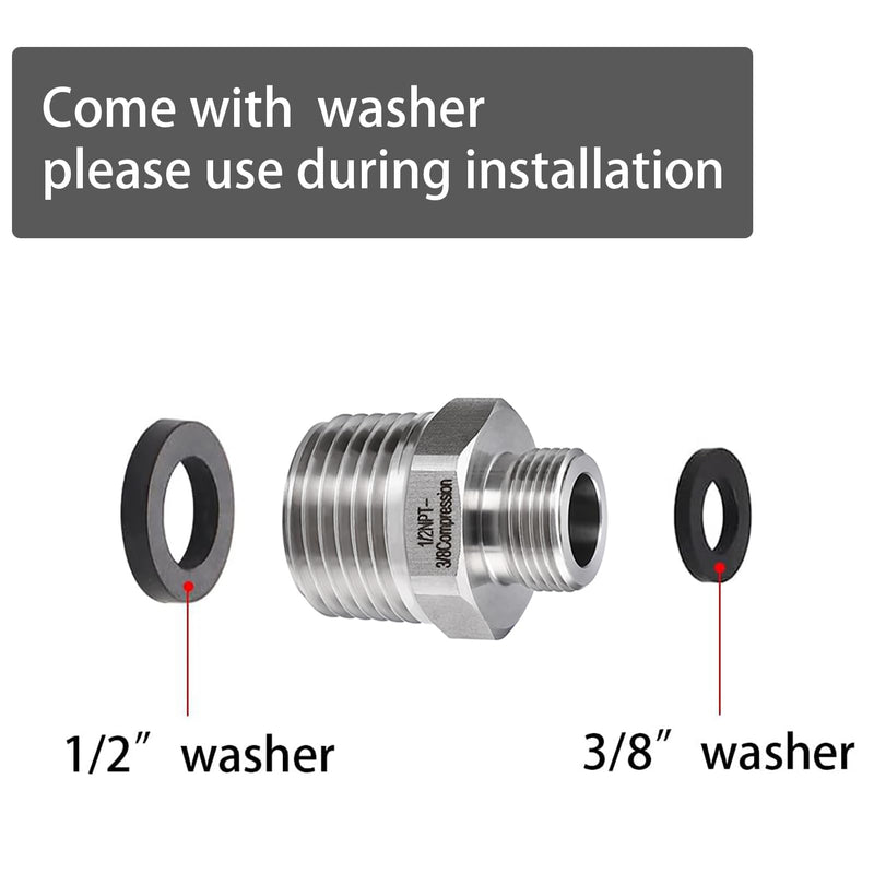 1/2 to 3/8 Reducer Faucet Adapter, 304 Stainless Steel 3/8 Male to 1/2 Male Compression Fittings for Water Supply Fitting for RV Kitchen Piping, Water Hose Pipe Connector with Rubber Washer(2 Pack) 1/2 Male to 3/8 Male