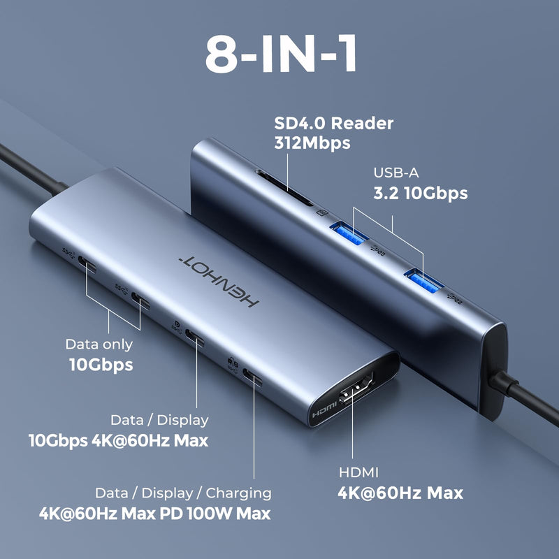 Versatile USB C Video Hub 3 Monitors Docking Station with DP Alt Dual 4K@30Hz, HDMI, 100W PD, 10Gbps*6Ports, SD 4.0, Laptop Docking Station for Dell, HP, ASUS, Steam Deck, Rog Ally, Legion Go,Samsung 8 IN 1