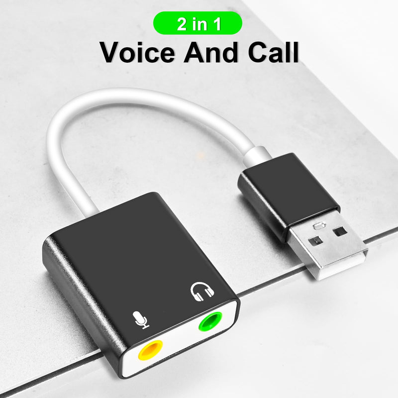 USB Audio Adapter, External Sound Card for PC and Laptop，USB Microphone Adapter to 3.5mm(1/8 inch) for Headphone, Speaker and Microphone Jack, Plug and Play