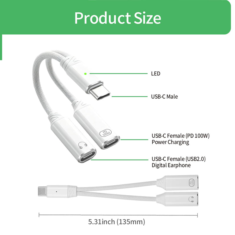 USB C Splitter 1 in 2 Out Dual USB C Headphone and Charger Adapter, White | Audio Jack Dongle with PD 100W Fast Charging Cable for iPhone 17 16 15 Pro Max, iPad, Samsung Galaxy S25 S24 Ultra