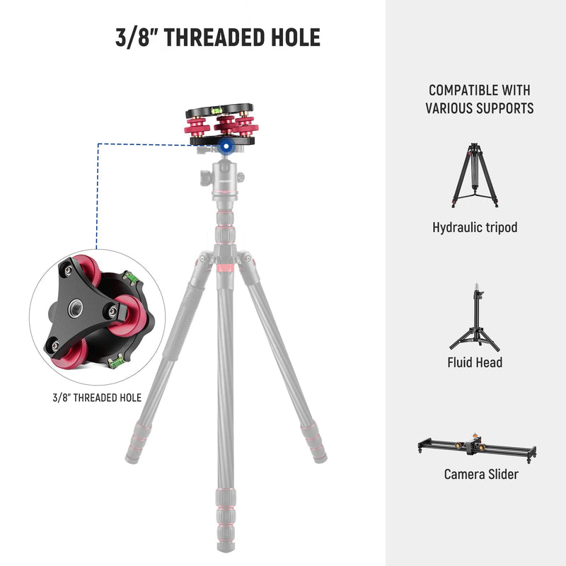 NEEWER Tripod Head Leveling Base Camera Leveler, Aircraft Grade Aluminum Alloy 3 Axis Tri Wheel Head, 3/8” Thread, -5° Precise Angle Adjustment for Macro Panoramic Photography, LP64