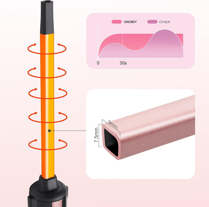  [AUSTRALIA] - UNOBEY Curling Wand 9mm, Thin Curling Iron Small Tight Curls | Ultra Skinny Ceramic Barrel Hair Curler Long Lasting Curls for Long & Short Hair with Glove, Dual Voltage 0.95 cm x 0.95 cm