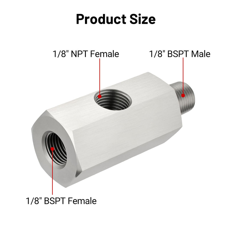 EVIL ENERGY 1/8 BSPT Oil Pressure Sensor Tee Adapter, Stainless Steel 1/8 BSPT Female to Male Threaded Oil Pressure Adapter with 1/8 NPT Female Port, Sliver 1/8 BSPT-1/8 BSPT-1/8 NPT