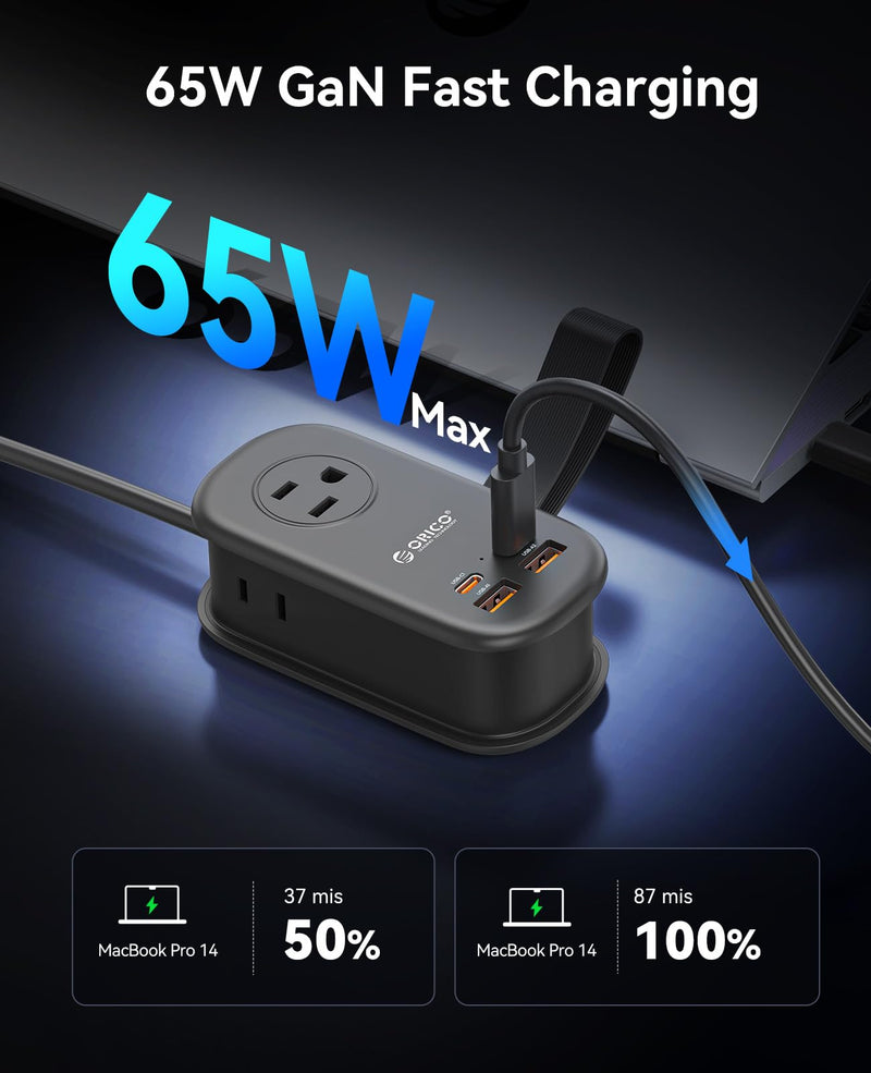 ORICO 65W GaN Travel Power Strip with 3 Outlets & 4 USB Ports (2 USB C) | 4FT Flat Plug Extension Cord with Cord Wrap Design, Compact USB C Charger for Cruise Home Office Dorm Laptop Black