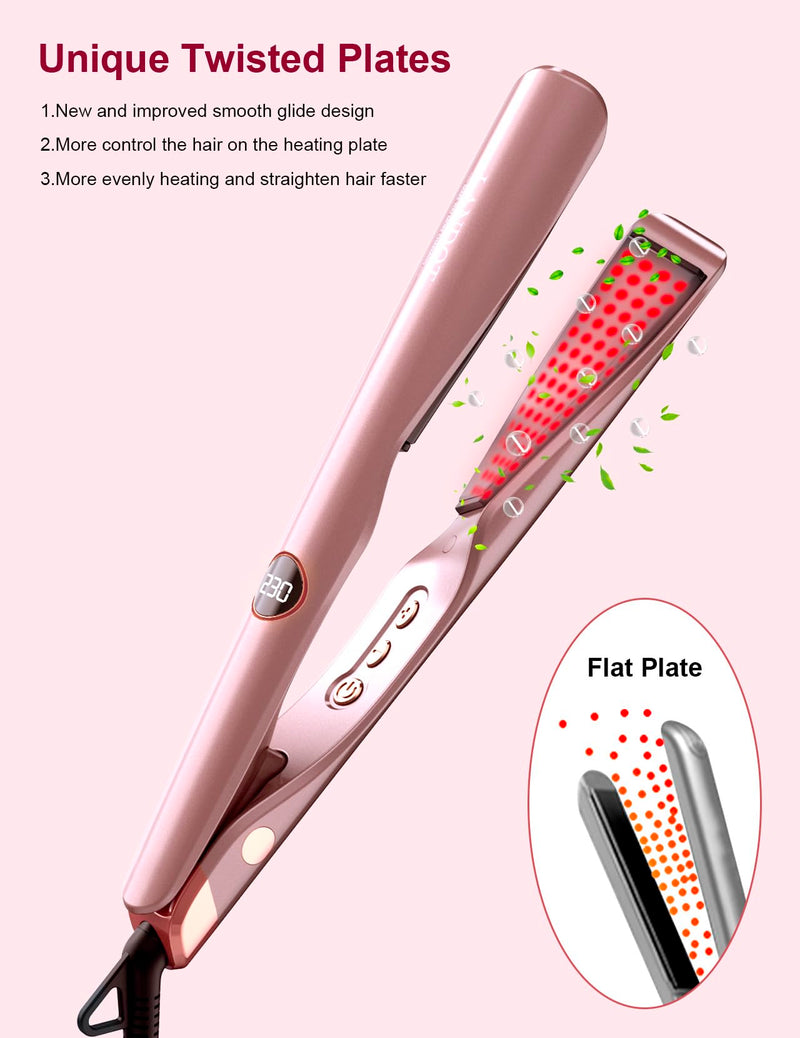 LANDOT Hair Straighteners and Curlers in One Ceramic Curved Twist Flat Iron | Multi Styler, Straighten Curl Wave, Tourmaline Ionic Smooth Glide, Anti-Frizz, 12 Temps 120-230°C, All Hair Types, Fast Heat Rose Gold