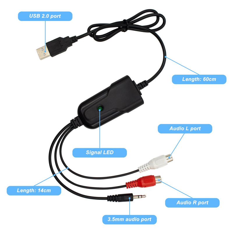 USB Audio Capture Card Grabber for Window 10/11/8/7 / 2000/XP and Vista, Seven，Audio Grabber for Vinyl Cassette Tapes,MD, Phono to Digital MP3 Converter from 3.5mm and R/L Audio Connector