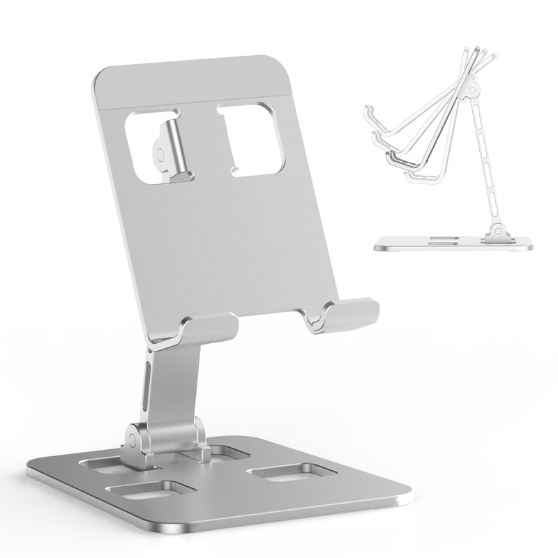 Folding Aluminum Cell Phone Stand | Stable Multi-Angle Desk Dock, Non-Slip Cushions, Compact Bracket, Suitable for All Mobile Phones and Small Sized Tablets