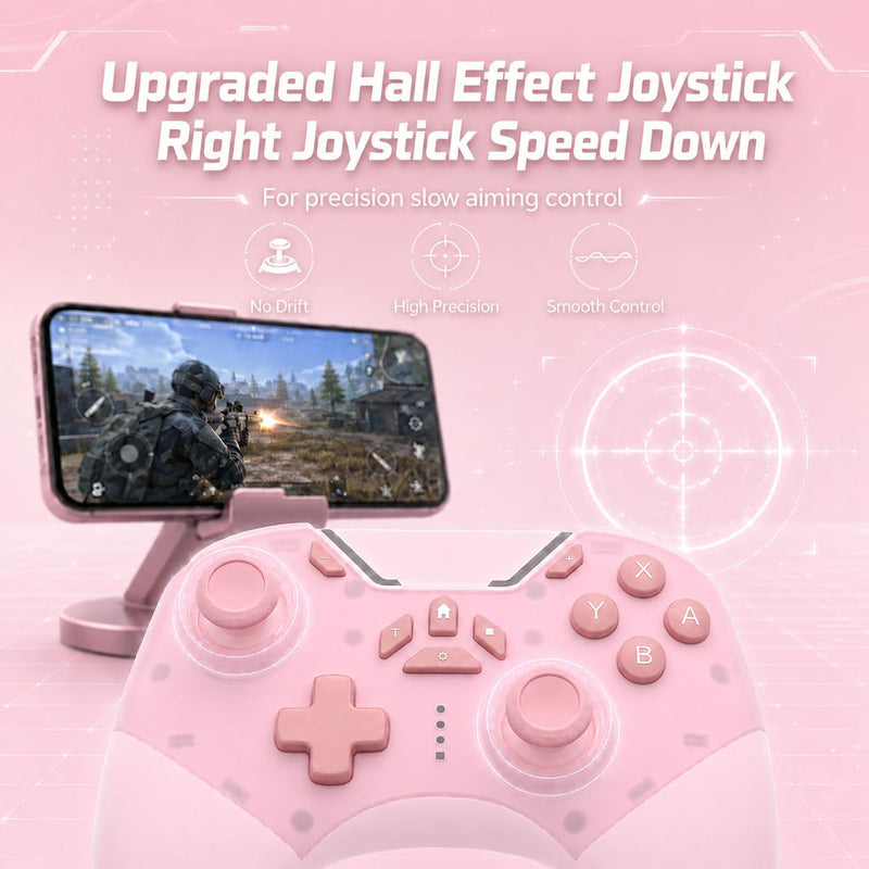 aghi Hall Effect Wireless Gaming Controller with Phone Clip | for iPhone/Android/PC/Steam/TV/Switch/Switch 2 with Hall Joysticks, Lock Speed, Macro, 6-Axis Gyro, Vibration, Turbo, Pink Light Pink