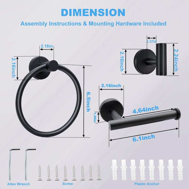 Matte Black Bathroom Hardware Set - Stainless Steel Wall-Mounted Toilet Paper Holder, Towel Ring & 2 Handy Hooks for Modern Bathroom Accessories | Rust-Resistant Towel Hook Set with Easy Installation 4PCS-SET
