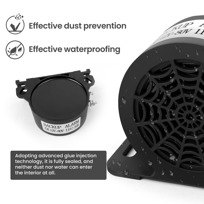 MIRKOO Backup Alarm 110dB 12V-80V DC Waterproof Industrial Heavy-Duty Backup Reverse Warning Alarm Super Loud Beeper for Truck Van Freight Car Lorry Heavy Vehicles (Self-Grounding Metal Sheet)