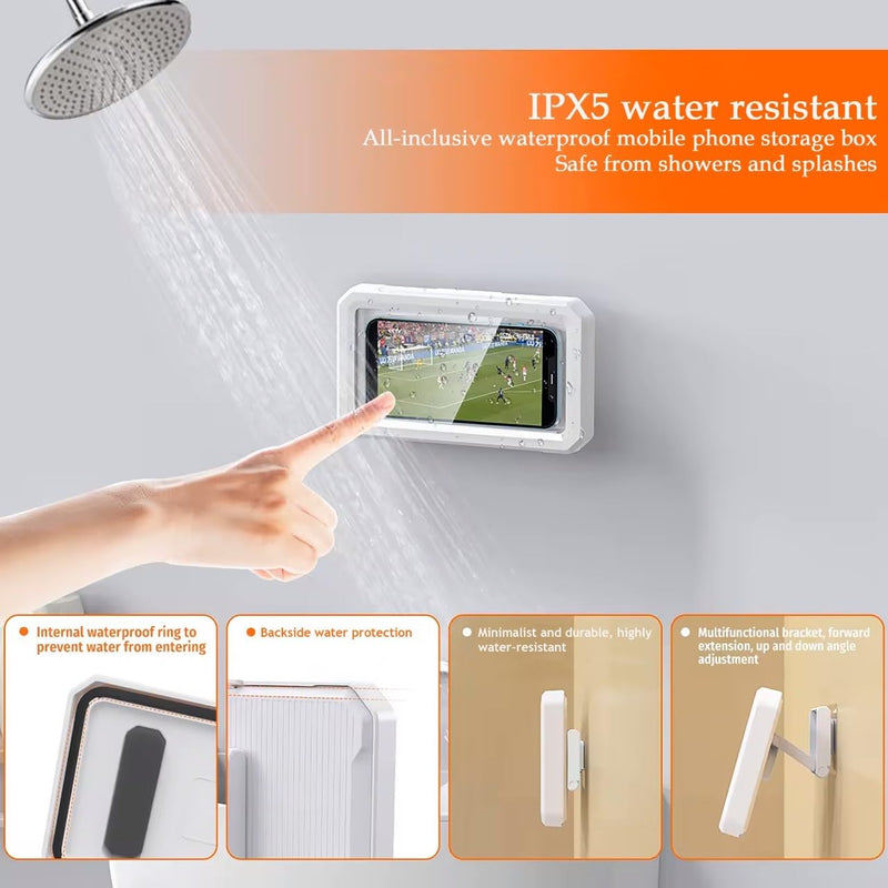 Shower Phone Holder Waterproof, 480° Rotatable Retractable & Adjustable Shower Phone Case, Self Adhesive Wall Mount Stand, Water Proof Anti Fog, Touch Screen Case for Phones Up to 7 inch, White