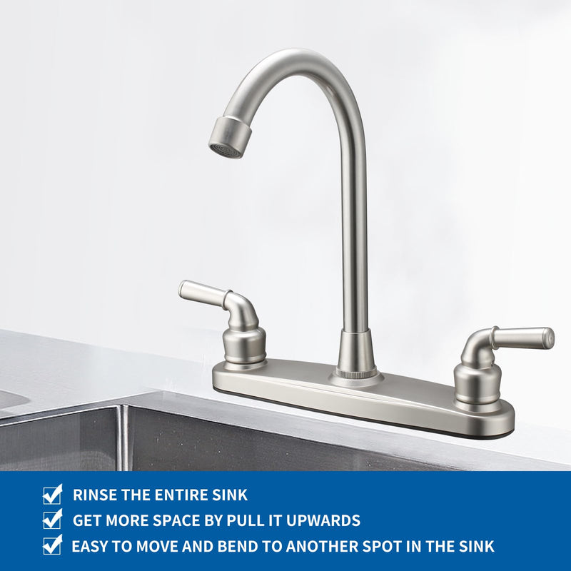 RV Non-Metallic Kitchen Faucet Brushed Nickel Two Handle-8 in Main Body-High Arch-360 Swivel Replace for Motorhomes, Travel Trailers,Campers