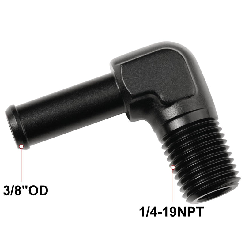 1/4 NPT Male to 3/8" Hose Barb Fitting Adapter 90 Degree Elbow Aluminum Black 1/4 NPT to 3/8 Barb Black - 90 Degree