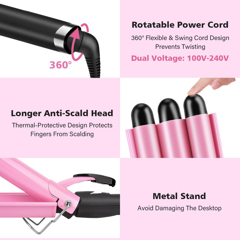  [AUSTRALIA] - 3 Barrels Hair Waver, 25mm Curling Iron, Beach Mermaid Waves Hair Crimper | Curling Tongs, Hair Curler with 2 Temperature Control Quick Heating, Waver Curling Wand for Long or Short Styling Pink