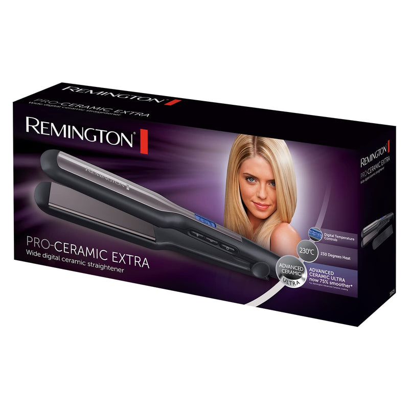 Remington Hair Straightener Advanced Ceramic coating for Sleek & smooth glide, Wide longer length 110mm floating plates, Digital display, Heat proof pouch, Up to 230°C, S5525 Black Grey | Digital Display, Heat Proof Pouch, Up to 230°C Max Temp, S5525 M...