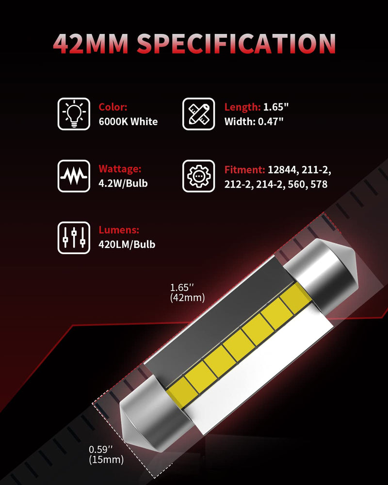 LASFIT Super Bright 42MM LED Festoon 41MM 211-2 578 212-2 LED Use for Dome Map Door Interior Door Trunk Glove Box Lights 6000K White Light Upgraded(2pcs) 2 Bulbs