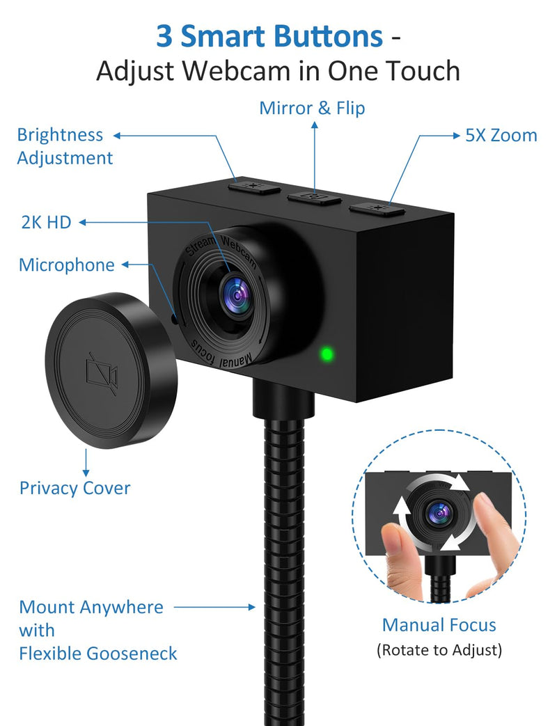 Webcam with Stand, 2K Webcam for PC with Microphone, HD Laptop Web Camera | Wide Angle Webcam With FOV 95°, USB Plug & Play, Manual Focus, Zoom Computer Webcam for Online Teaching, Video Calls Black