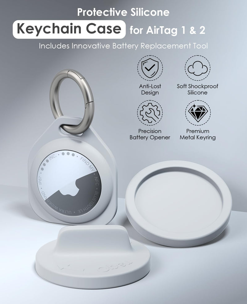 Silicone Keychain Case for AirTag 4 Pack with Battery Opener Gray | Anti-Scratch Silicone Air Tag Holder With Anti-Loss Key Rings and Battery Opener Tool for Keys, Backpack, Luggage and Pets Soft Silicone