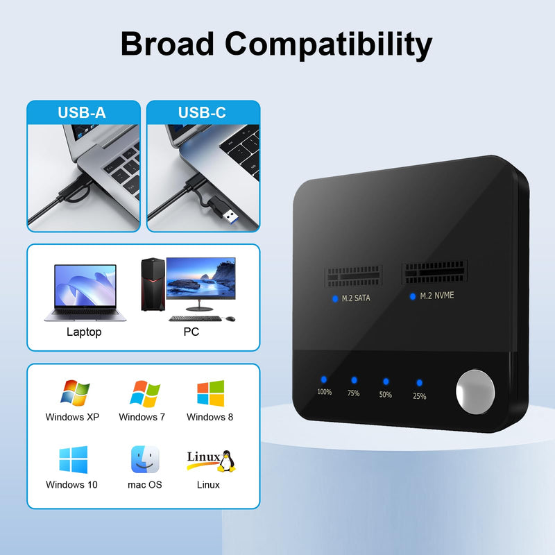 20Gbps M.2 Cloner & Duplicator, Dual Bay NVMe SATA SSD Enclosure | Tool-Free with Storage Box,Cross-Protocol Offline Clone,NVMe B+M/M-Key PCIe M2 Reader Support, M.2 Docking Station up to 16TB NNME SATA SSD Duplicator