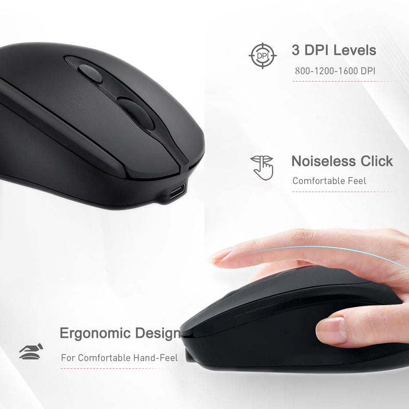 Bluetooth Wireless Mouse USB C for Macbook Air Pro/Computer/Laptop, Wireless Rechargeable Silent Ergonomic Mouse Type C for Mac/iPad/iMac/Surface (Black) Black