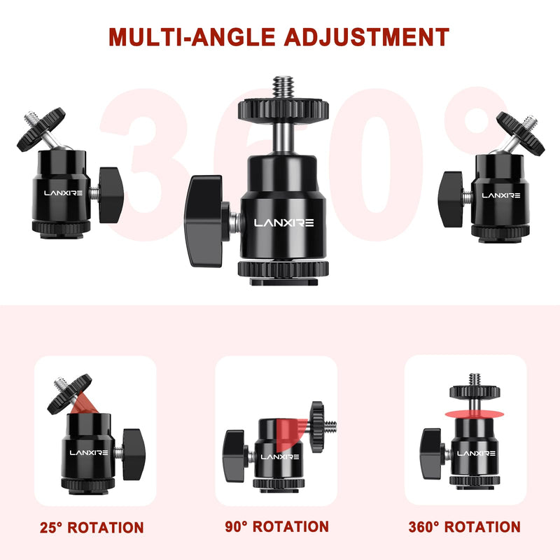 Camera Hot Shoe Mount with 1/4" Screw and Ball Head Adapter - Compatible with Camera, Camcorder, Smartphone, Action Camera, LED Lights, Microphone - 2 Pack