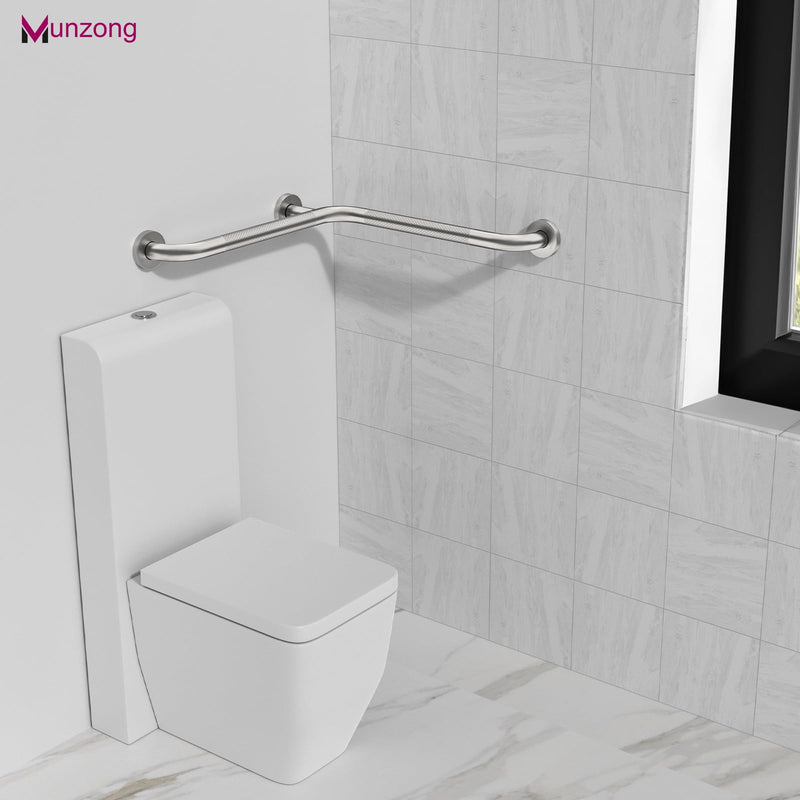 16 Inch Angled Shower Grab Bar, Munzong Anti Slip Satin Brushed Nickel Bathroom Grab Bar, L-Shaped Knurled Balance Bar, Safety Hand Rail Support Handicap Elderly Injury Senior Assist Bath Handle