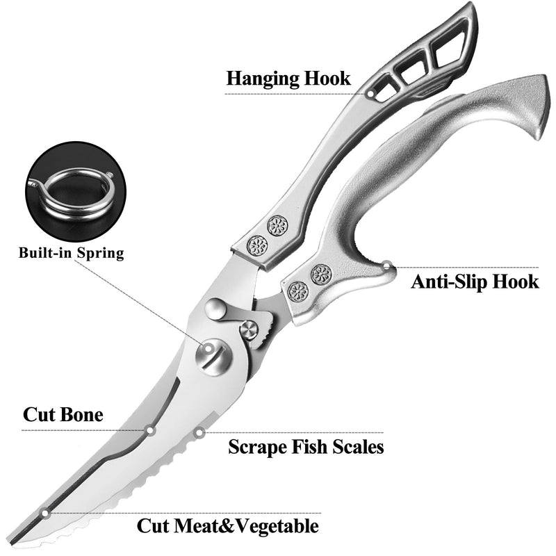 Poultry Shears Heavy Duty Professional, Multipurpose Kitchen Shears with Sheath, Spring-Loaded Stainless Steel Chef Scissors Cutting Bone, Chicken, Fish, Food, Meat, Full Steel Handle Silver