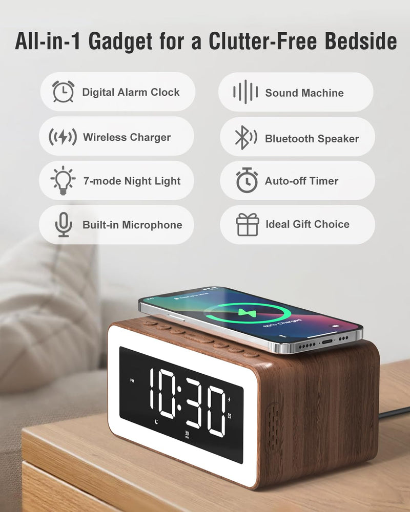 Alarm Clock with Wireless Charging, Bluetooth Speaker, White/Brown Noise Sound Machine Night Light, Wooden Digital Alarm Clocks for Bedrooms, Wireless Charger for iPhone, Birthday Gifts for Men Women