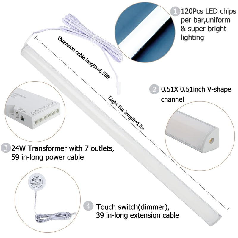 12" V-Shape Diffused LED Strip Light Bars Kit,Aluminum Channel Lights with Touch Sensor for Under Cabinet,Gun Safe,Closet,Under Counter,Book Shelf,Display Showcase,6000K White,6Pack 6000K Pure White 12in / 6Pcak