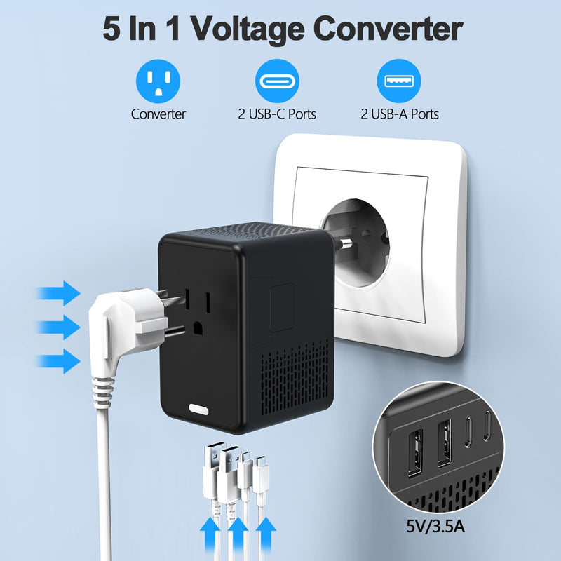 220V to 110V Voltage Converter US to Europe for Hair Dryer with Fast Charging 2 USB A 2 USB C, Power Converter Adapter Combo International Adapter A C G I (Black) Black