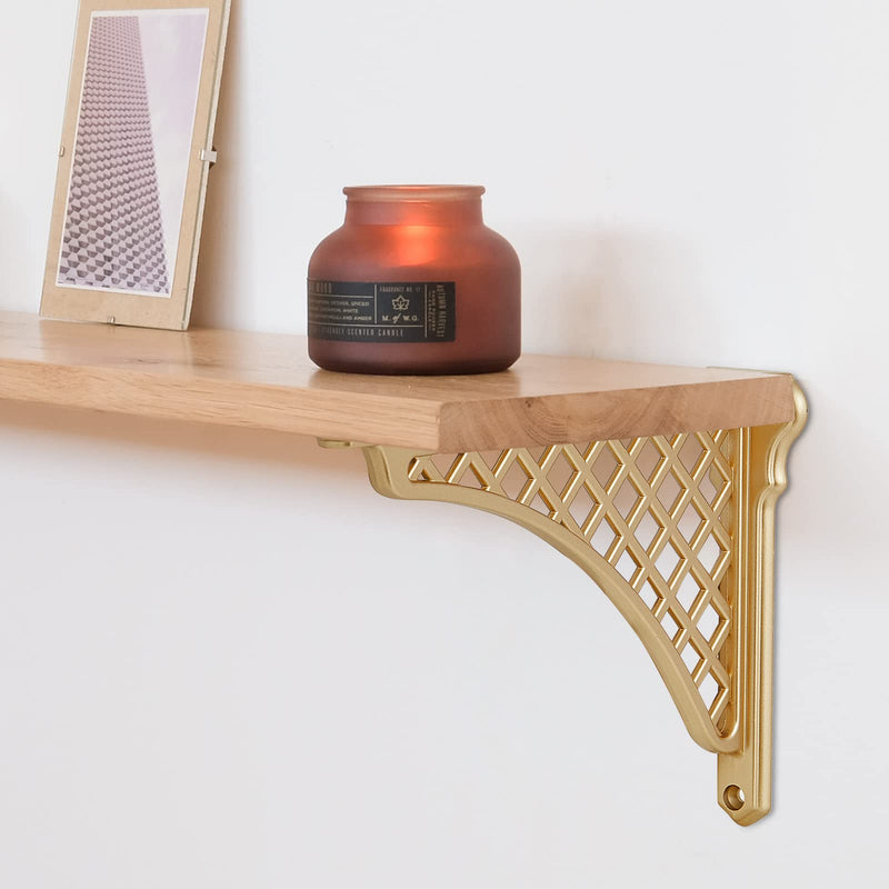 HARPOON 2 Pack Heavy Duty Cast Iron Victorian Shelf Bracket, 8 Inches Gold Baroque L-Shaped Shelf Brackets, DIY Projects, Hardware Included 8 Inch