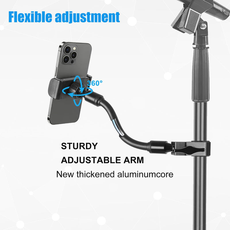 Mic Stand Phone Holder, Aluminum Alloy Clamp Flexible Gooseneck Arm Phone Holder for Microphone Stand Ring Light Tripod Pole Tube Rod Desk Table, for iPhone, Samsung Galaxy, and Any Smartphones