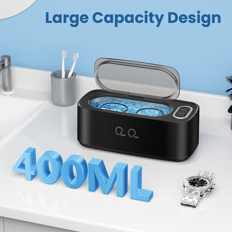 Ultrasonic Cleaner, 48kHz Ultrasonic Jewelry Cleaner Machine for Eyeglasses, Jewelry, Rings, Watch Straps, Dentures and More, Dual Cleaning Modes & 304 Stainless Steel Tank, 400ML Capacity, Black