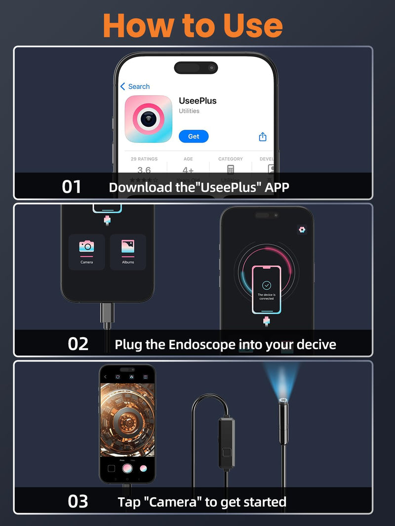 Endoscope Camera with Light, 1920P HD Borescope with 8 LED Lights, 16.5 FT Semi-Rigid Snake Inspection Camera, IP67 Waterproof Drain Pipe Borescope Mens Tool for iOS and Android