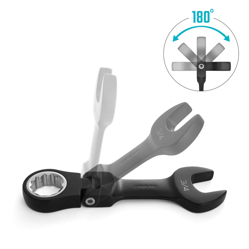 DURATECH Stubby Flex-head Ratcheting Combination Wrench Set, SAE, 8-piece, 5/16" to 3/4", CR-V Steel, Black Electrophoretic Coating, with Rolling Pouch