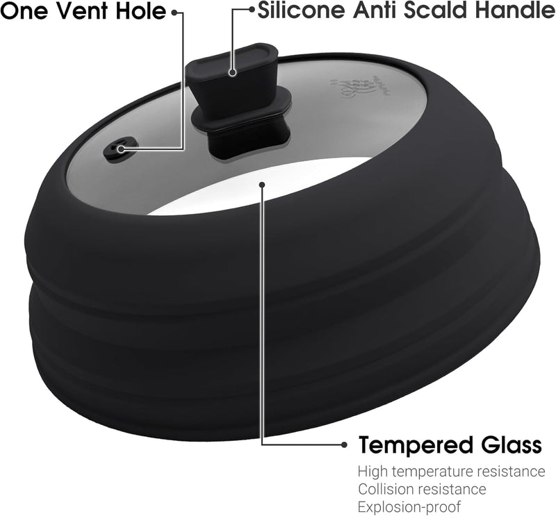 11.8 Inch Silicone & Glass Microwave Splatter Cover, Non-Plastic Collapsible Vented Microwave Food Cover With Heat Resistant Handle, Universal Fit Plates and Bowls, Black