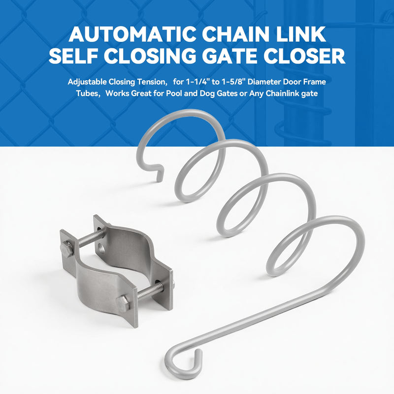 Automatic Chain Link Self Closing gate Closer. Adjustable Closing Tension, for 1-1/4" to 1-5/8" Diameter Door Frame Tubes，Works Great for Pool and Dog Gates or Any Chainlink gate
