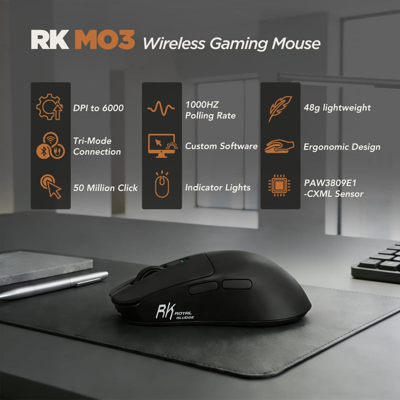 RK ROYAL KLUDGE MO3 Wireless Gaming Mouse, 48g Lightweight PC Mice, Black | Bluetooth/2.4G/Wired Rechargeable Computer Mouse, 5 Programmable Buttons, Gaming Sensor, 6000 DPI, Online Software on Win/Mac