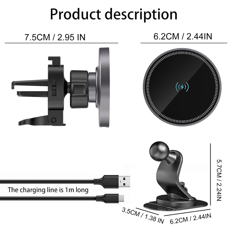 Car Mount Charger-15W Fast Charging Wireless Car Charger-Magnetic Car Phone Holder for Dashboard Air Vent - Rotation 360° & HandsFree