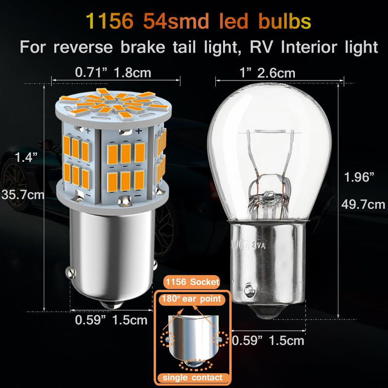 1156 Bulb Amber Yellow, 1141 1003 BA15S Led, 12V-24V 54-SMD 3014 Chips LED Bulbs for RV Camper Trailer Trunk Vehicle Interior Lights Tail Backup Reverse Lights Parking Lights 4pcs