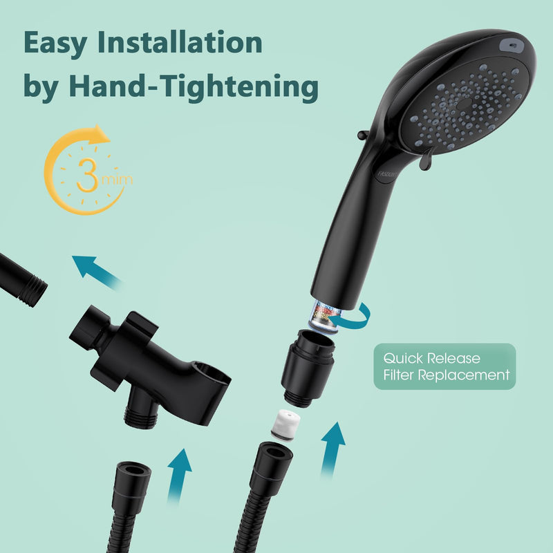 FASDUNT Filtered Shower Head with Handheld, High Pressure 8-Mode Handheld Showerhead with Filters for Hard Water -Remove Chlorine, Built-in Power Wash, 80" Long Hose & Adjustable Bracket, Black 8 Spray-Settings Matte Black