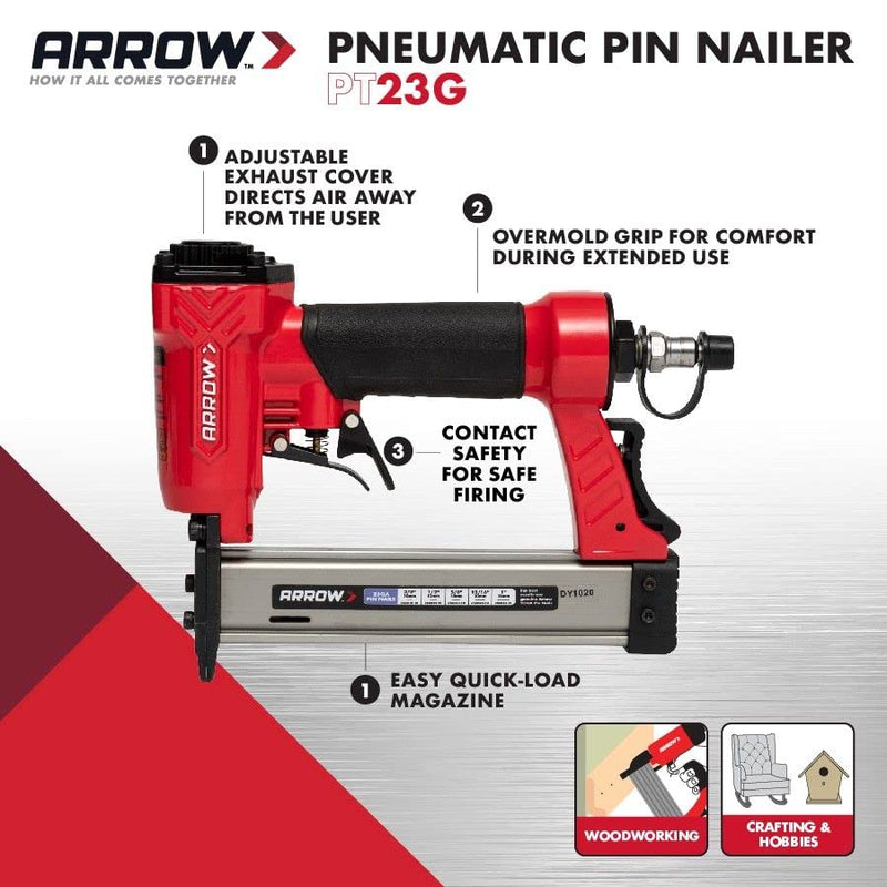 Arrow PT23G 23 Gauge Compact Pneumatic Pin Nail Gun, Oil-Free, Fits 3/8”, 1/2”, 5/8”, 13/16” and 1” Nails 8.25 x 2 x 10 inches Gauge Pin Nailer