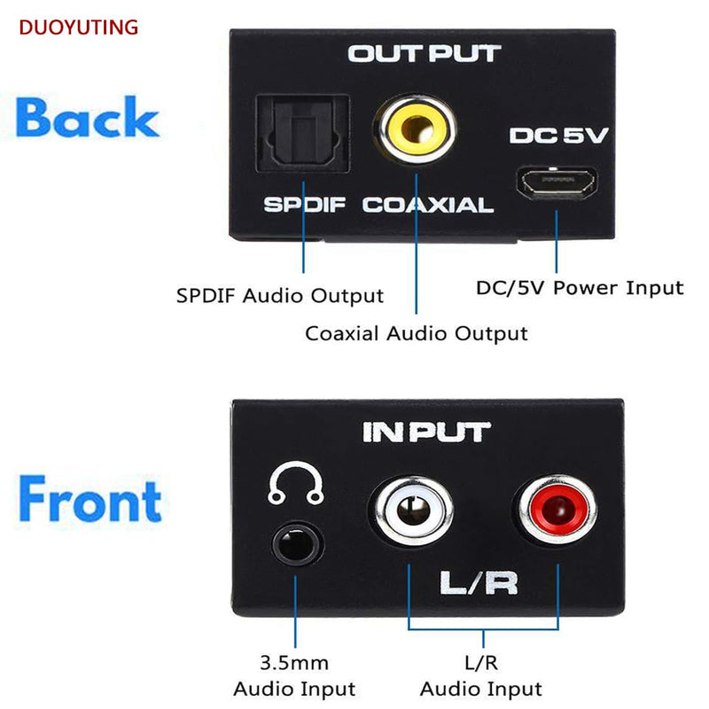 Analog to Digital Audio Converter, R/L RCA 3.5AUX to Optical/SPDIF/Toslink Coaxial Audio Adapter with Optical Cable and Audio Cable, Compatible with PS4 Xbox HDTV DVD etc, for Soundbar. 2.55*1.57*0.98IN L/R 3.5 to Optical Coaxial