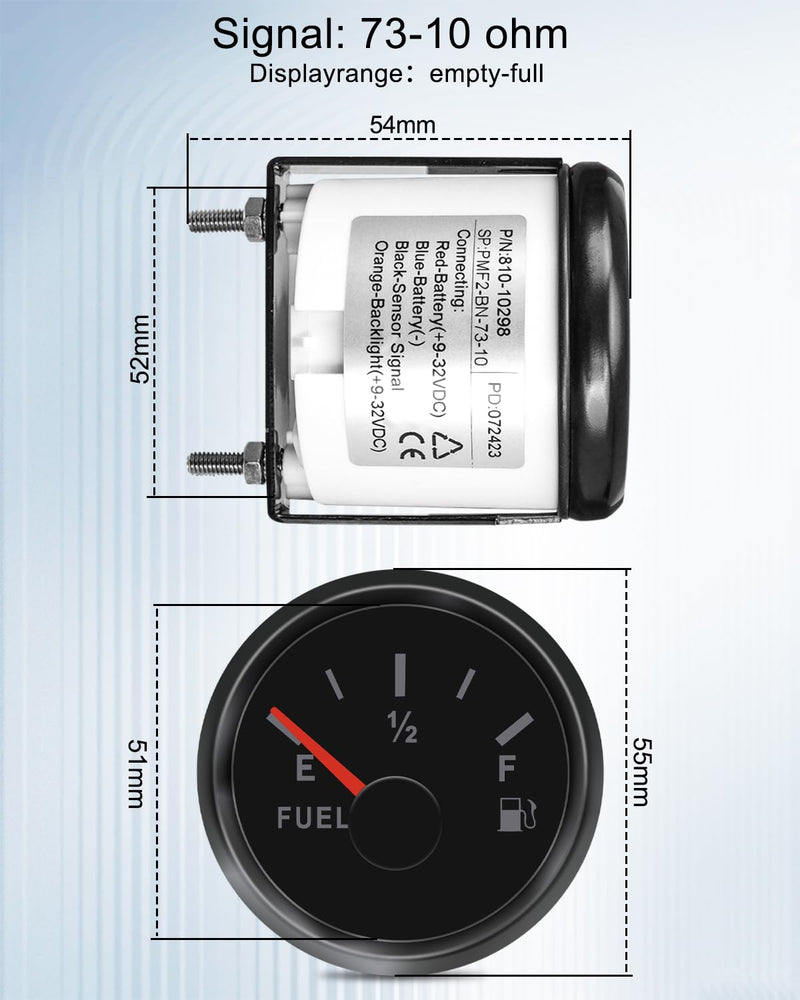 Black Boat Fuel Level Gauge 73-10 ohms (Empty-Full) for Marine Car RV Yacht Motorcycle Automotive, 52mm 9-32VDC Black
