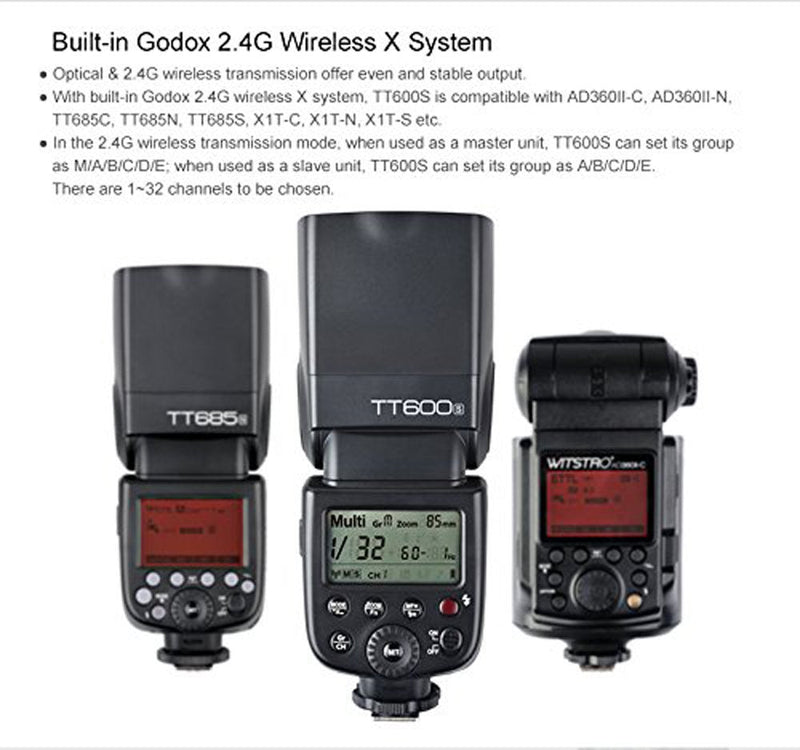 Godox TT600S GN60 2.4G Wireless X System Speedlite Flash for Sony Camera,0.1-2.6s Recycle time,5600k±200k Color Temperature,32 Channel,230 Full Power Flashes,Compatible for AD360II TT685 X1T