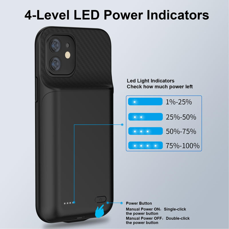Battery Case for iPhone 12/12Pro, 10000mAh High Capacity Portable Protective Charging Case, Rechargeable Smart Extension Phone Charger - (6.1 inch) Black iPhone 12/12 Pro battery case
