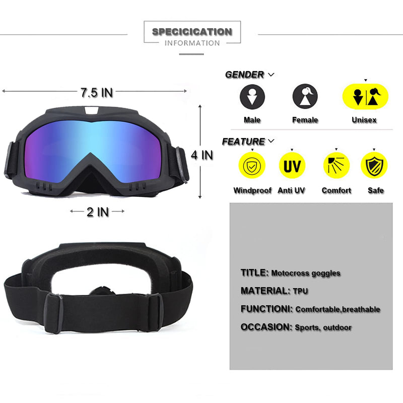 2Pcs Dirt Bike Goggles with Neck Gaiter, Motorcycle Goggles ATV Goggles Riding Ski Racing Goggles Windproof Black Colorful-Clear